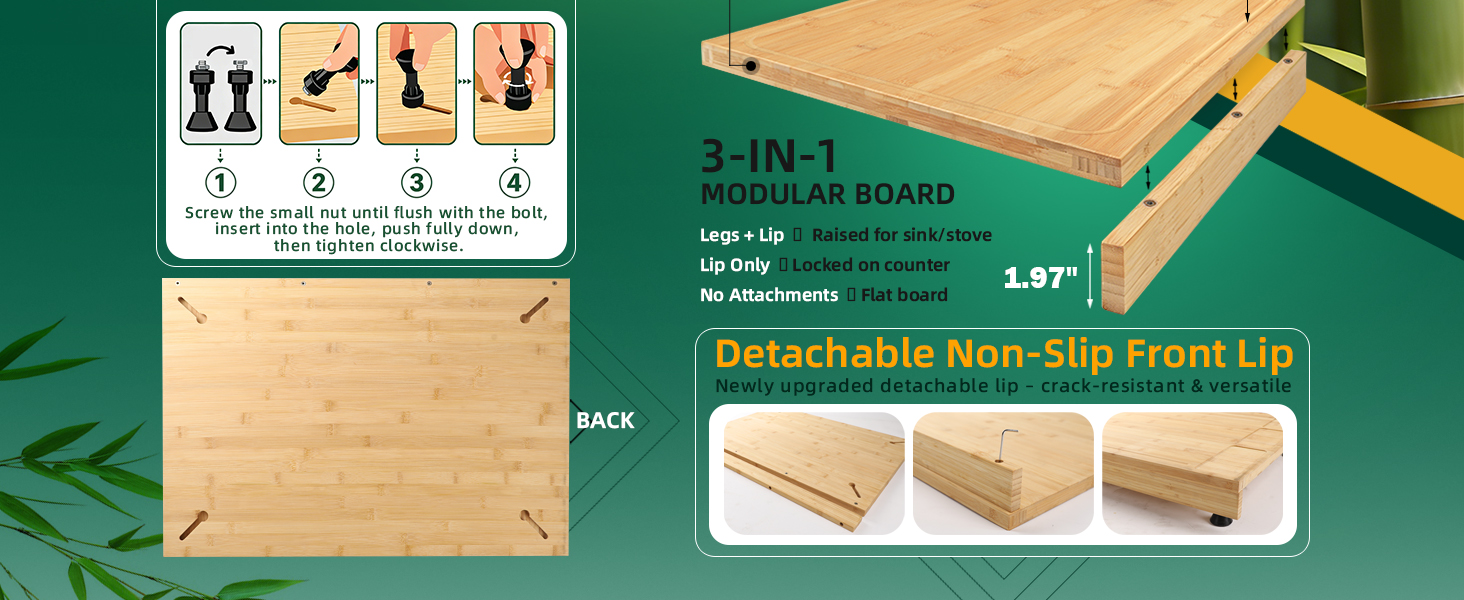 30 x 21 in Extra Large Bamboo Cutting Board, Stovetop Cover, Sink Cover, Noodle Board with Detachable Legs & Detachable Non-Slip Front Lip for Kitchen Countertop
