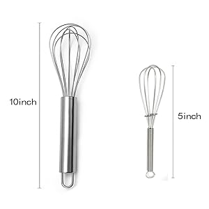10 inch Stainless Steel Whisk, 5 inches for mixing small amounts of liquids, milkshakes, coffee, juice, etc. 2-piece set (buy 10 inches and get 5 inches as a gift) silver