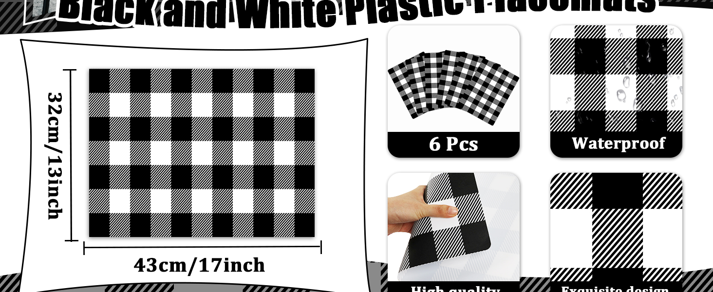 Black and White Plastic Placemats Set of 6 Check Plaid Table Mats Black Buffalo Plaid Place Mats Wipe Clean Washable Table Placemats for Indoor Outdoor Heat Resistant Kitchen Dining Table