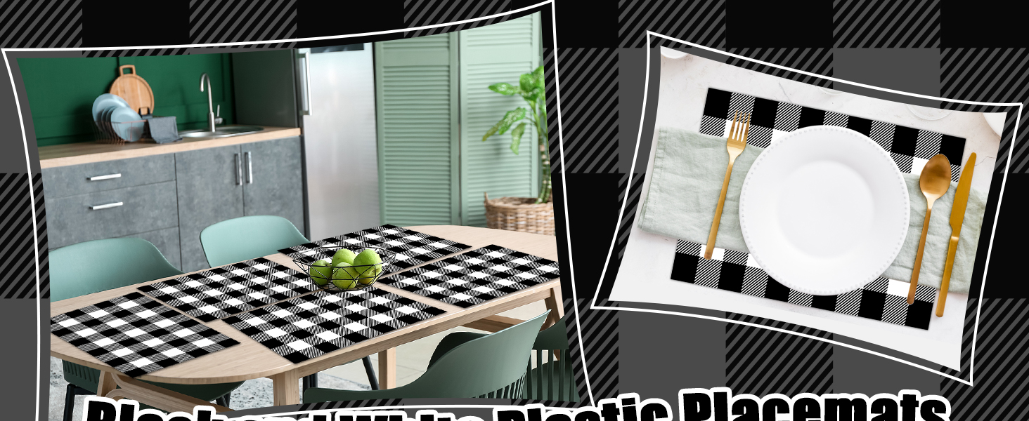 Black and White Plastic Placemats Set of 6 Check Plaid Table Mats Black Buffalo Plaid Place Mats Wipe Clean Washable Table Placemats for Indoor Outdoor Heat Resistant Kitchen Dining Table