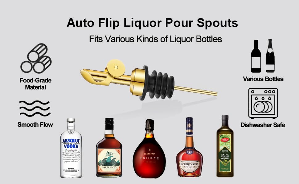 WAFJAMF Weighted Stainless Steel Bottle Pourers, Auto Flip Feature Self Closing Olive Oil Dispenser Spout with 1 Cleaning Brush, Liquor Pour Spouts for Pours Liquid, Olive Oil, Wine(Gold)