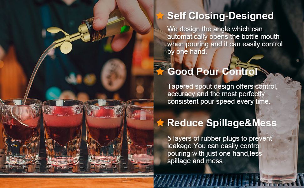 WAFJAMF Weighted Stainless Steel Bottle Pourers, Auto Flip Feature Self Closing Olive Oil Dispenser Spout with 1 Cleaning Brush, Liquor Pour Spouts for Pours Liquid, Olive Oil, Wine(Gold)