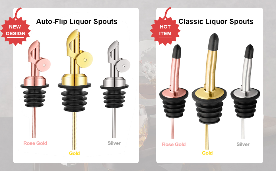 WAFJAMF Weighted Stainless Steel Bottle Pourers, Auto Flip Feature Self Closing Olive Oil Dispenser Spout with 1 Cleaning Brush, Liquor Pour Spouts for Pours Liquid, Olive Oil, Wine(Gold)