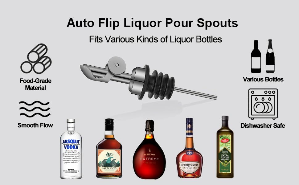 Weighted Stainless Steel Bottle Pourers, Auto Flip Feature Self Closing Olive Oil Dispenser Spout with 1 Cleaning Brush, Liquor Pour Spouts for Pours Liquid, Olive Oil, Wine, Vinegar (Black)