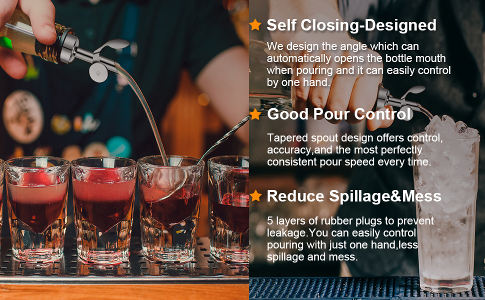 Weighted Stainless Steel Bottle Pourers, Auto Flip Feature Self Closing Olive Oil Dispenser Spout with 1 Cleaning Brush, Liquor Pour Spouts for Pours Liquid, Olive Oil, Wine, Vinegar (Black)