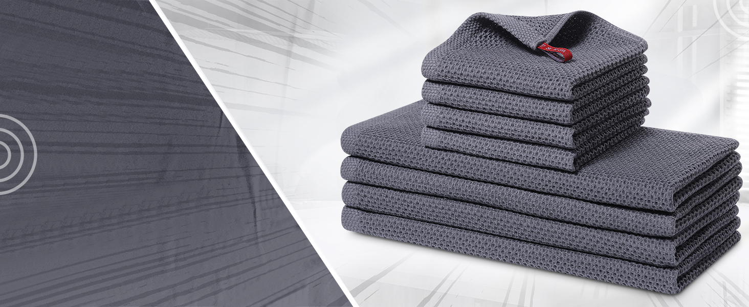 Homaxy 100% Cotton Kitchen Towels and Dishcloths Set, 12 x 12 Inches and 13 x 28 Inches, Set of 8 Bulk Kitchen Towels Set, Ultra Soft Absorbent Dish Cloths for Washing Dishes, Dark Grey