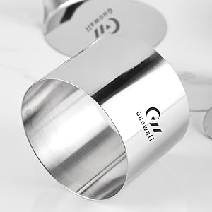 Guowall 6 Pack Seamless Cake Ring Molds Stainless Steel Mousse Rings 3 Inch Round Pastry Cutter for Baking (Includes 6 Rings 1 Pusher and 1 Lifter)