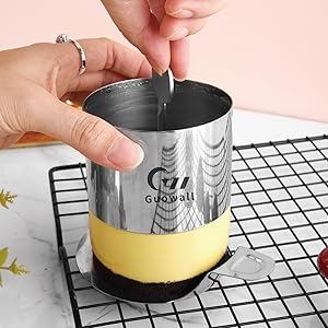 Guowall 6 Pack Seamless Cake Ring Molds Stainless Steel Mousse Rings 3 Inch Round Pastry Cutter for Baking (Includes 6 Rings 1 Pusher and 1 Lifter)