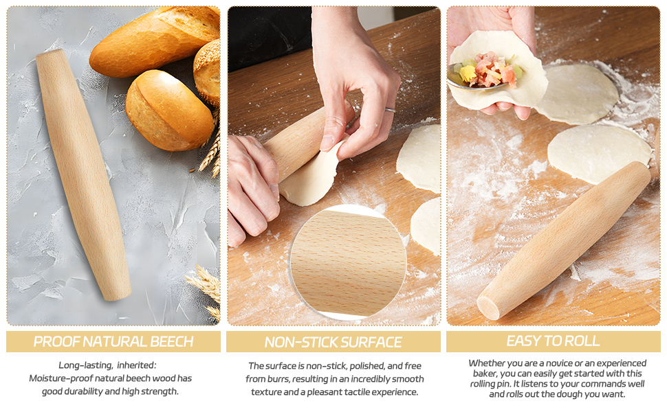 French Rolling Pin for Baking - Tuyotue 7.9 Inches Beech Wood Tapered Rolling Pin Dough Roller for Pizza Dough, Pie Crust Cookie Fondant Dumpling