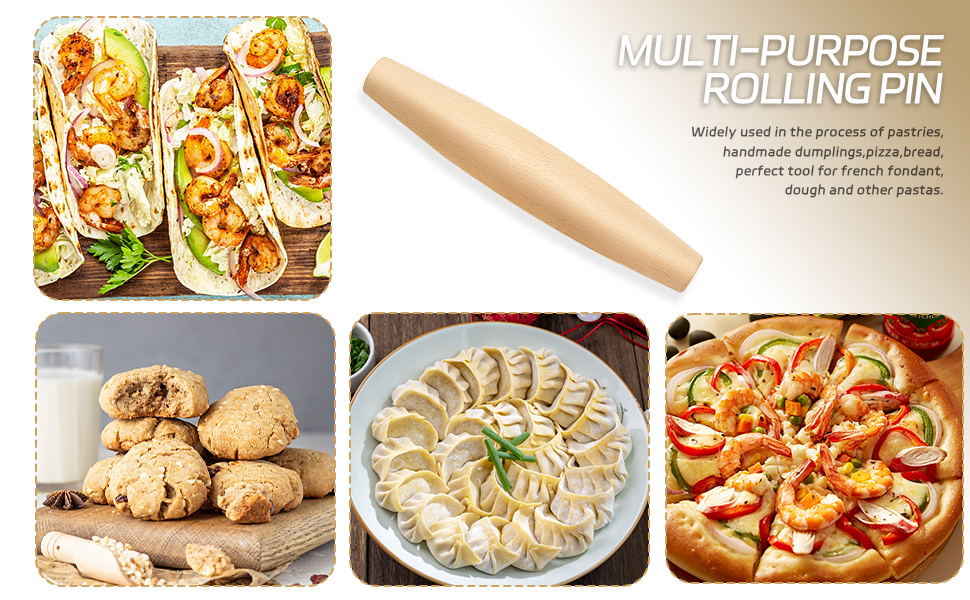 French Rolling Pin for Baking - Tuyotue 7.9 Inches Beech Wood Tapered Rolling Pin Dough Roller for Pizza Dough, Pie Crust Cookie Fondant Dumpling