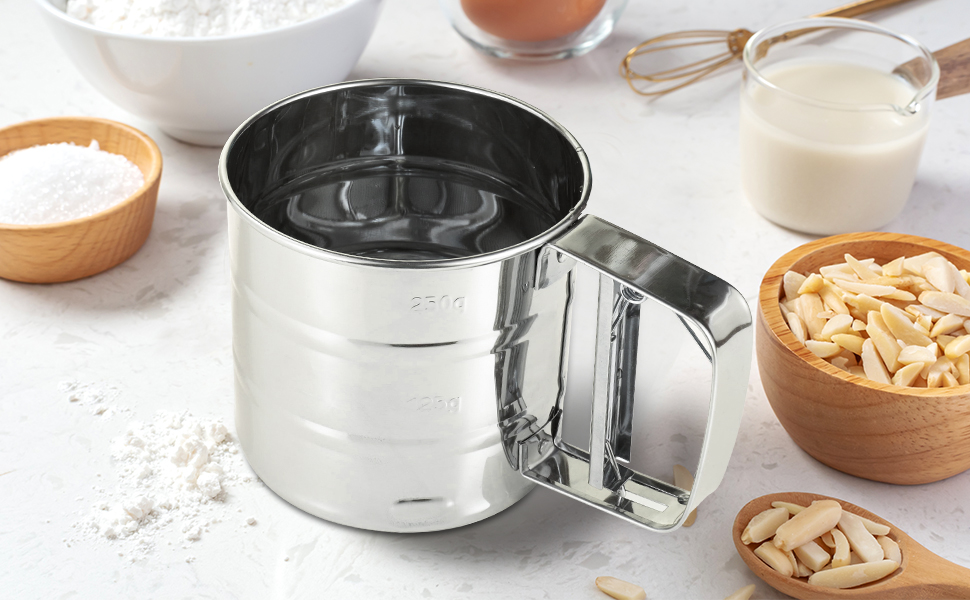 Flour Sifter, Stainless Steel Sifter for Baking, Double Layer Fine Mesh Baking Sifter, One Hand Press Crank Sifter for Powdered Sugar Shaker Duster, Flour Sieve Sifter for Baking Cakes Rondauno