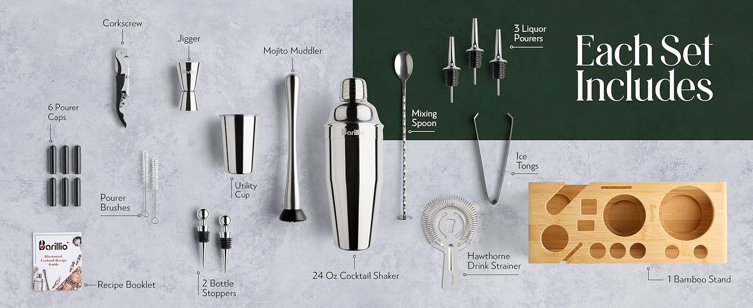 Barillio Gold Bartender Kit - Stainless-Steel Cocktail Shaker Set w/Black Bamboo Stand - Mixology Bar Tools w/Drink Shaker, Mixer, and Muddler for Cocktails - Home Bar Accessories - 23-Pc Bar Set