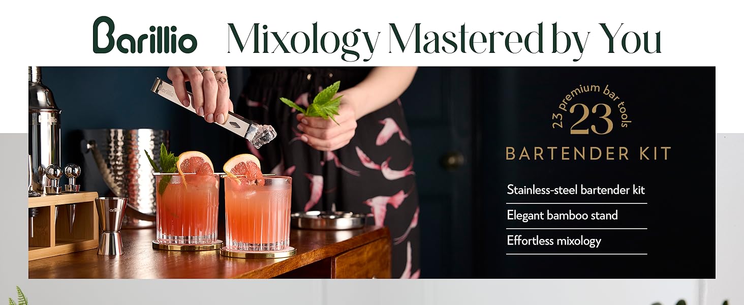 Barillio Black Bartender Kit - Stainless-Steel Cocktail Shaker Set w/Black Bamboo Stand - Mixology Bar Tools w/Drink Shaker, Mixer and Muddler for Cocktails - Home Bar Accessories - 23-Pc Bar Set