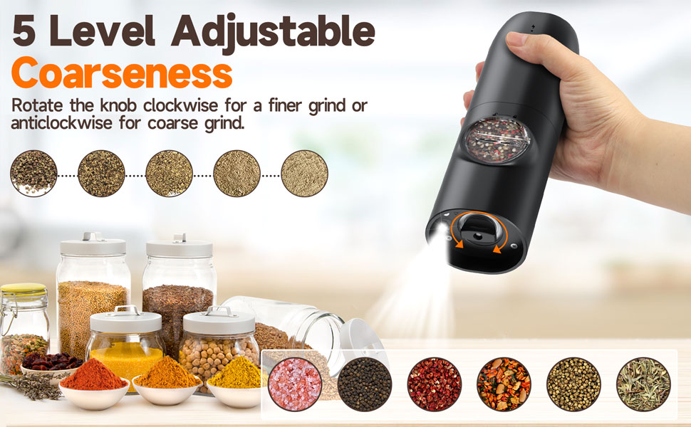 Electric Salt and Pepper Grinder Set (2 Pack), USB Rechargeable One Hand Operation, Adjustable Coarseness Mill Grinders Shakers LED Light, Automatic Pepper Grinder for Kitchen Gadgets Gifts