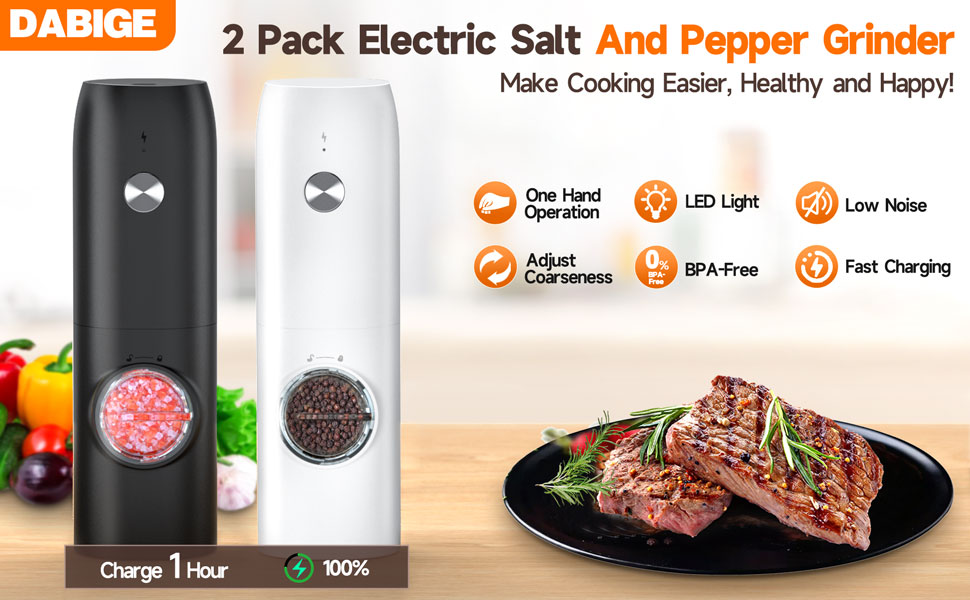 Electric Salt and Pepper Grinder Set (2 Pack), USB Rechargeable One Hand Operation, Adjustable Coarseness Mill Grinders Shakers LED Light, Automatic Pepper Grinder for Kitchen Gadgets Gifts