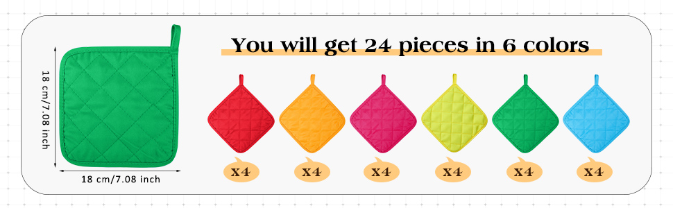 Bokon 24 Pcs Pot Holders for Kitchen, Multicolor Potholders Sets, Heat Resistant Cotton Hot Pad Oven Mitts Trivet with Hanging Loops for Baking Cooking