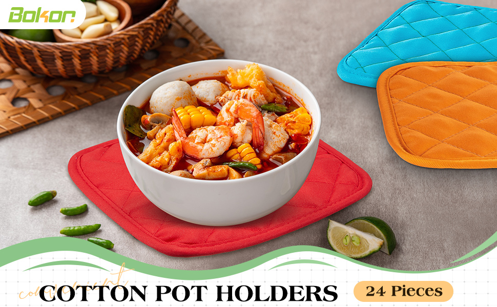 Bokon 24 Pcs Pot Holders for Kitchen, Multicolor Potholders Sets, Heat Resistant Cotton Hot Pad Oven Mitts Trivet with Hanging Loops for Baking Cooking