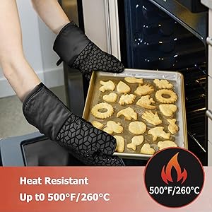 Oven Mitts and Pot Holders,500 ℉ Heat Resistant Oven Mitts Sets,Silicone Oven Gloves, Non-Slip Silicone Textured Grip,Black