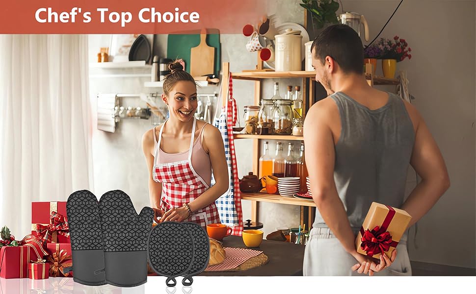 Oven Mitts and Pot Holders,500 ℉ Heat Resistant Oven Mitts Sets,Silicone Oven Gloves, Non-Slip Silicone Textured Grip,Black