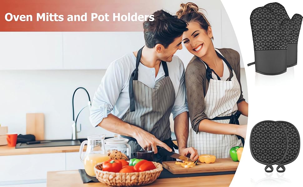 Oven Mitts and Pot Holders,500 ℉ Heat Resistant Oven Mitts Sets,Silicone Oven Gloves, Non-Slip Silicone Textured Grip,Black