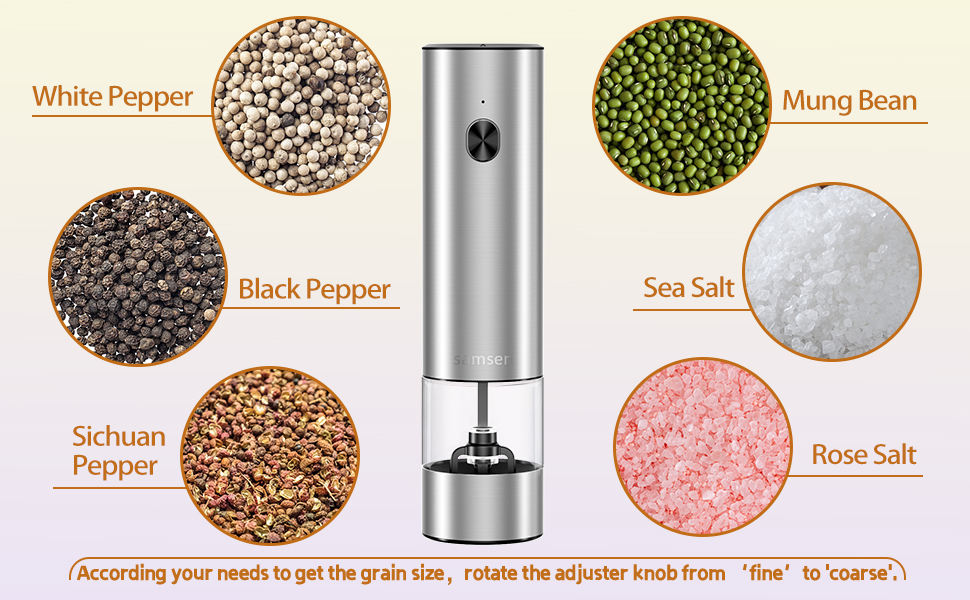 Electric Pepper Grinder & Salt Mill - Battery Operated Stainless Steel Body with Transparent Container LED Light One-Hand Operation Push-Button Switch Adjustable Coarseness Easy Refill & Clean