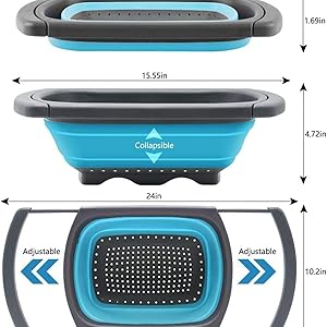 Collapsible Colander Strainer with Extendable Handles - Over the Sink Vegetable/Fruit Colanders Strainers for Kitchen, Capacity of 6 quart (Red)