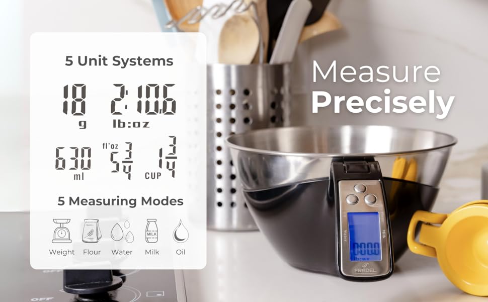 Fradel Digital Kitchen Food Scale with Bowl - 11lb, Grams & Ounces - Removable, Dishwasher-Safe Mixing Bowl - Green