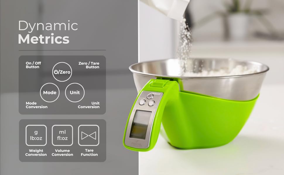 Fradel Digital Kitchen Food Scale with Bowl - 11lb, Grams & Ounces - Removable, Dishwasher-Safe Mixing Bowl - Green