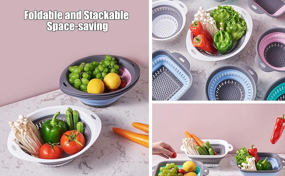 Collapsible Colander and Strainer,Silicone Strainer Colanders & Food Strainers,for Vegetable and Fruit, Kitchen Essentials (2, White, 1.3L+2.5L)