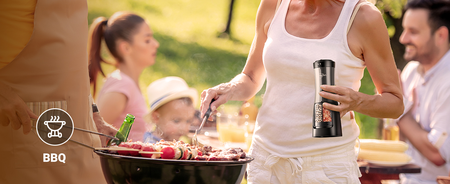 Sangcon Electric Salt and Pepper Grinder Set Shakers 2 IN 1 - USB RECHARGEABLE Salt and Pepper Mill Set All in One, Automatic Refillable Adjustable Coarseness Ceramic Grinder with Light