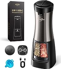 Sangcon Electric Salt and Pepper Grinder Set Shakers 2 IN 1 - USB RECHARGEABLE Salt and Pepper Mill Set All in One, Automatic Refillable Adjustable Coarseness Ceramic Grinder with Light