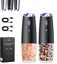 Sangcon Electric Salt and Pepper Grinder Set Shakers 2 IN 1 - USB RECHARGEABLE Salt and Pepper Mill Set All in One, Automatic Refillable Adjustable Coarseness Ceramic Grinder with Light