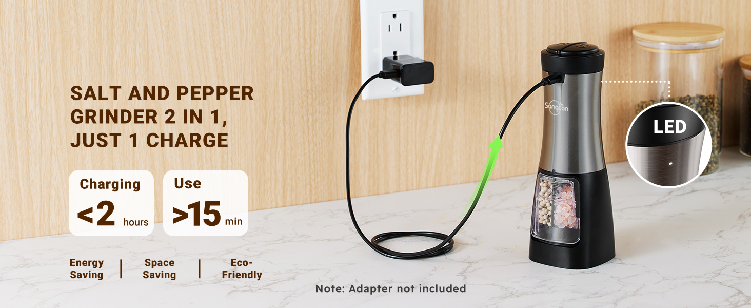 Sangcon Electric Salt and Pepper Grinder Set Shakers 2 IN 1 - USB RECHARGEABLE Salt and Pepper Mill Set All in One, Automatic Refillable Adjustable Coarseness Ceramic Grinder with Light