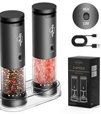 Sangcon Electric Salt and Pepper Grinder Set Shakers 2 IN 1 - USB RECHARGEABLE Salt and Pepper Mill Set All in One, Automatic Refillable Adjustable Coarseness Ceramic Grinder with Light