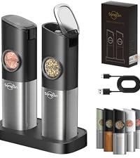 Sangcon Electric Salt and Pepper Grinder Set Shakers 2 IN 1 - USB RECHARGEABLE Salt and Pepper Mill Set All in One, Automatic Refillable Adjustable Coarseness Ceramic Grinder with Light
