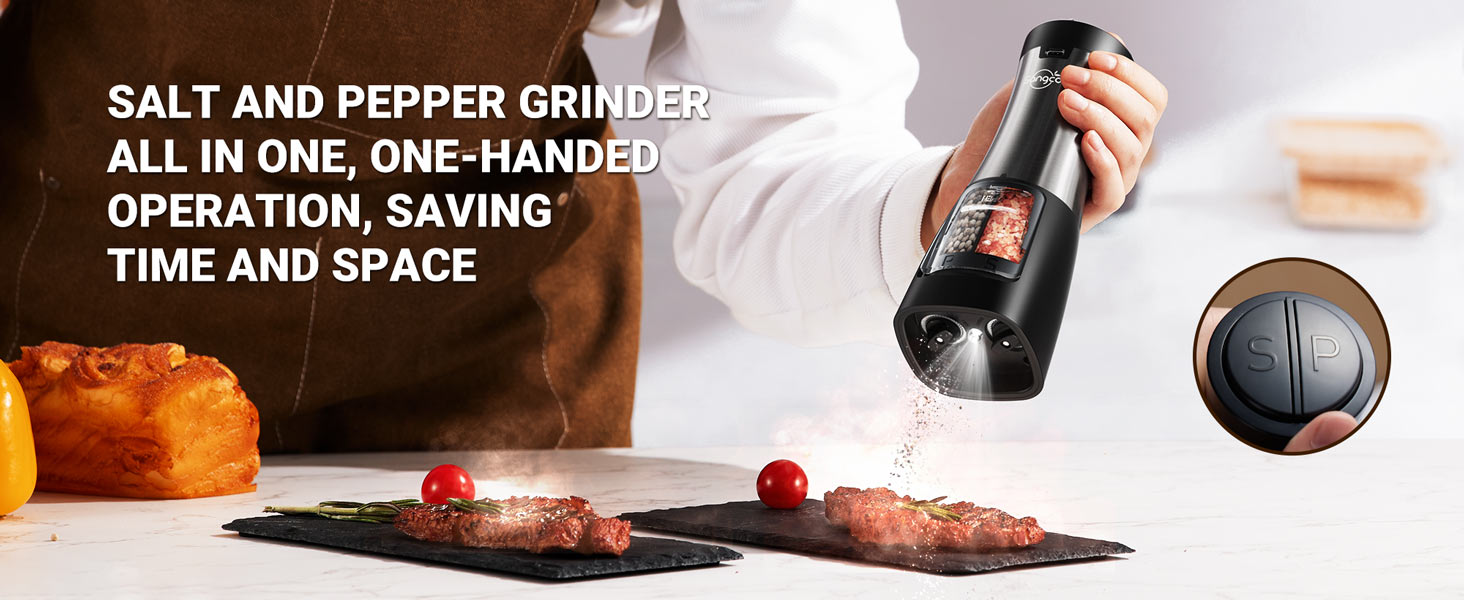 Sangcon Electric Salt and Pepper Grinder Set Shakers 2 IN 1 - USB RECHARGEABLE Salt and Pepper Mill Set All in One, Automatic Refillable Adjustable Coarseness Ceramic Grinder with Light