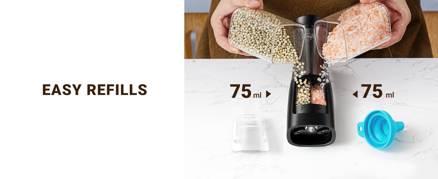 Sangcon Electric Salt and Pepper Grinder Set Shakers 2 IN 1 - USB RECHARGEABLE Salt and Pepper Mill Set All in One, Automatic Refillable Adjustable Coarseness Ceramic Grinder with Light