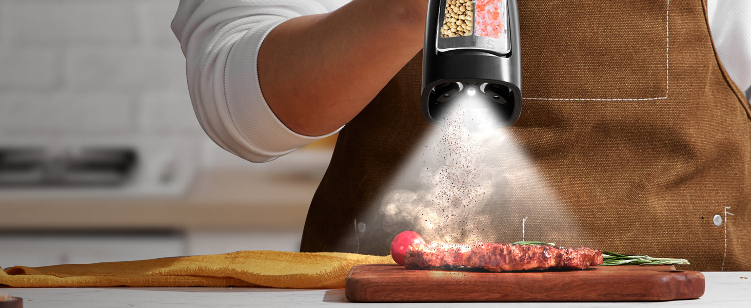 Sangcon Electric Salt and Pepper Grinder Set Shakers 2 IN 1 - USB RECHARGEABLE Salt and Pepper Mill Set All in One, Automatic Refillable Adjustable Coarseness Ceramic Grinder with Light