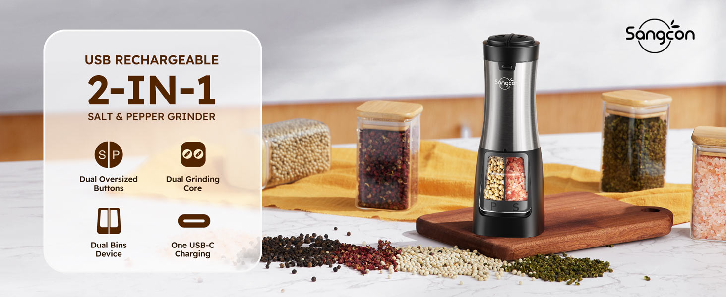 Sangcon Electric Salt and Pepper Grinder Set Shakers 2 IN 1 - USB RECHARGEABLE Salt and Pepper Mill Set All in One, Automatic Refillable Adjustable Coarseness Ceramic Grinder with Light