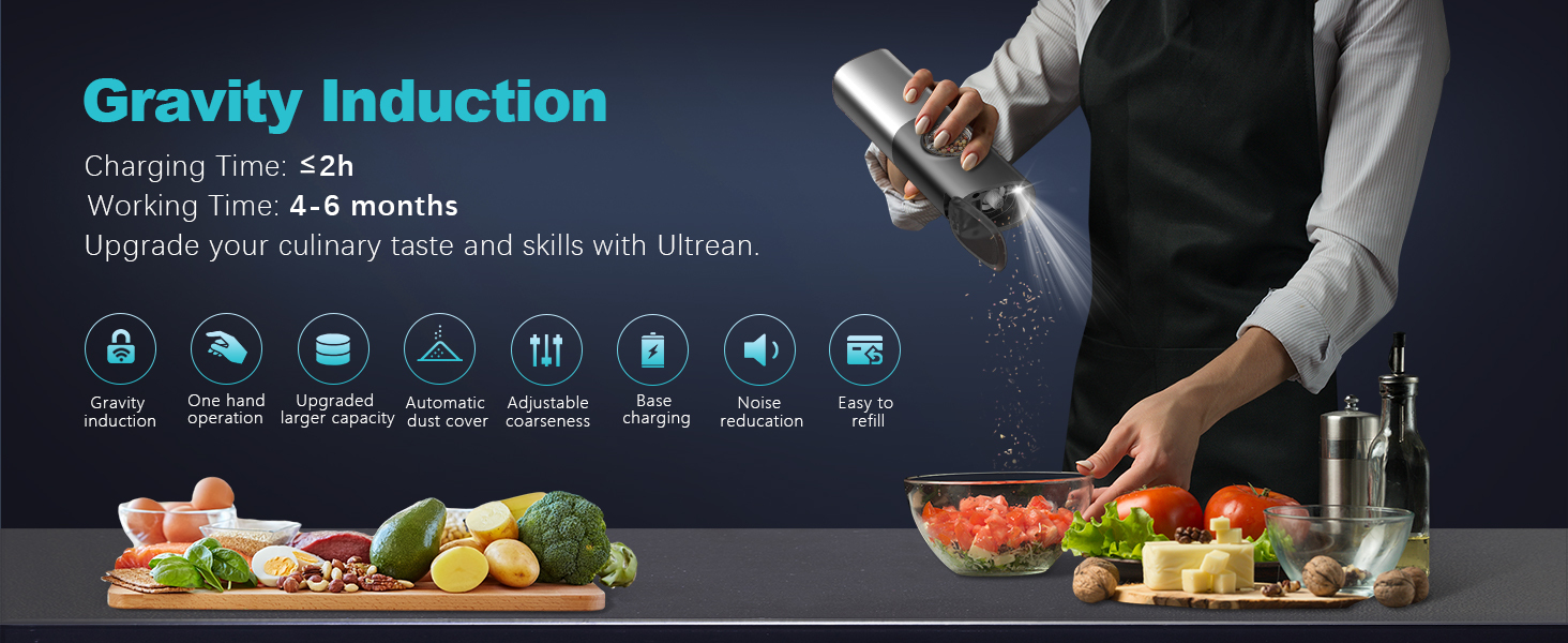 Ultrean Pepper Grinder, Rechargeable Gravity Salt and Pepper Grinder with 6 Adjustable Coarseness, LED Light, One-Hand Automatic Operation, Stainless Steel, Gifts for Father‘s Day