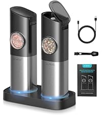 Ultrean Pepper Grinder, Rechargeable Gravity Salt and Pepper Grinder with 6 Adjustable Coarseness, LED Light, One-Hand Automatic Operation, Stainless Steel, Gifts for Father‘s Day
