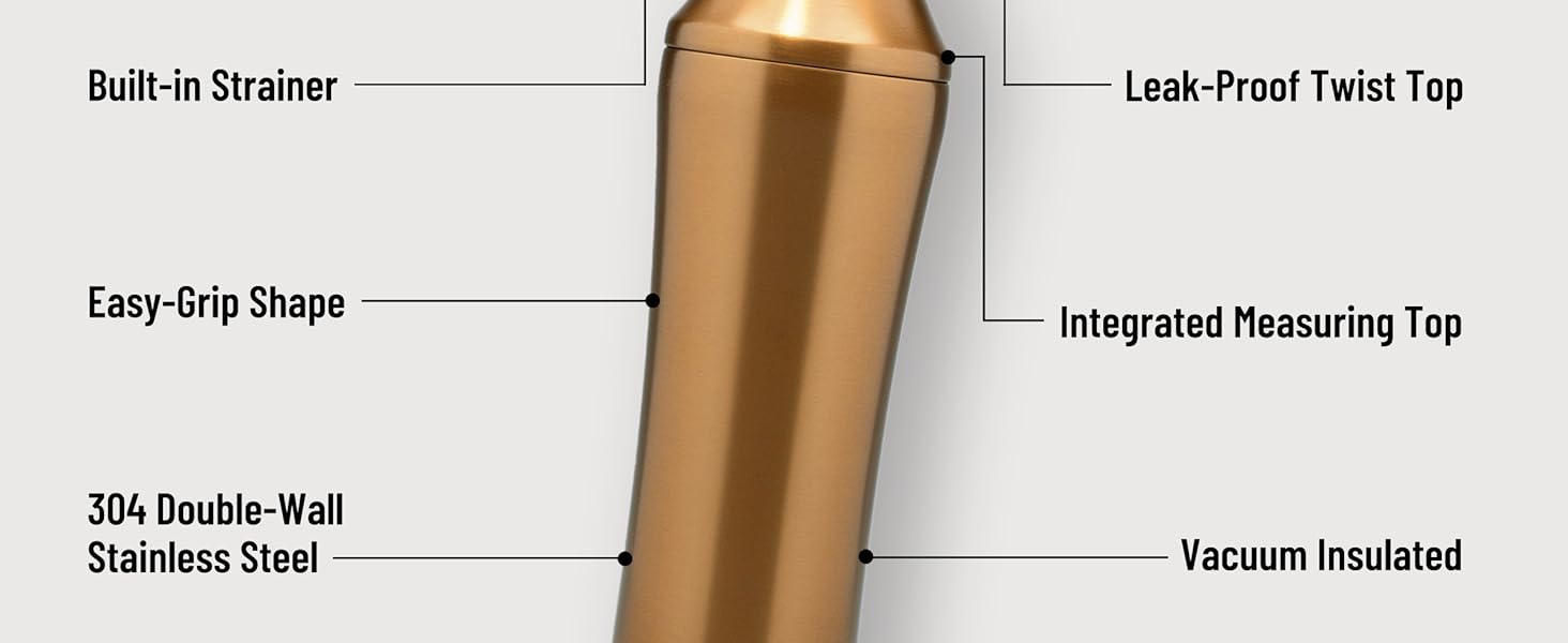 Elevated Craft Hybrid Cocktail Shaker - Premium Vacuum Insulated Stainless Steel Copper Cocktail Shaker - Innovative Measuring System - Martini Shaker for the Home Bartender - 28oz Total Volume