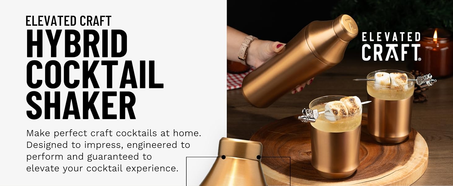 Elevated Craft Hybrid Cocktail Shaker - Premium Vacuum Insulated Stainless Steel Copper Cocktail Shaker - Innovative Measuring System - Martini Shaker for the Home Bartender - 28oz Total Volume
