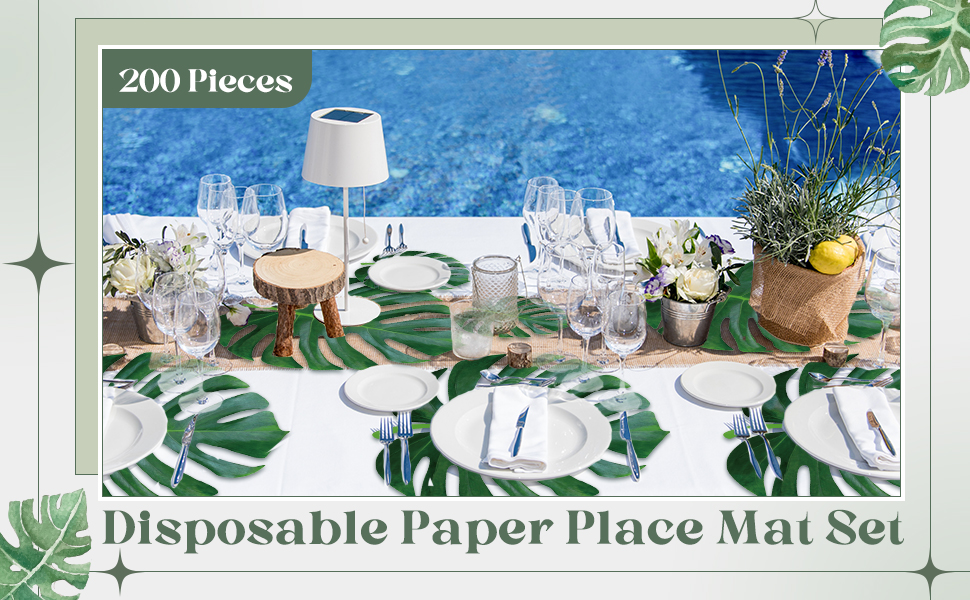 Geosar 200 Disposable Paper Placemats and Coasters Set Summer Hawaiian Luau Placemat with Coasters Outdoor Indoor for Greenery Jungle Dining Table Decoration Shower Birthday(Gold Round)