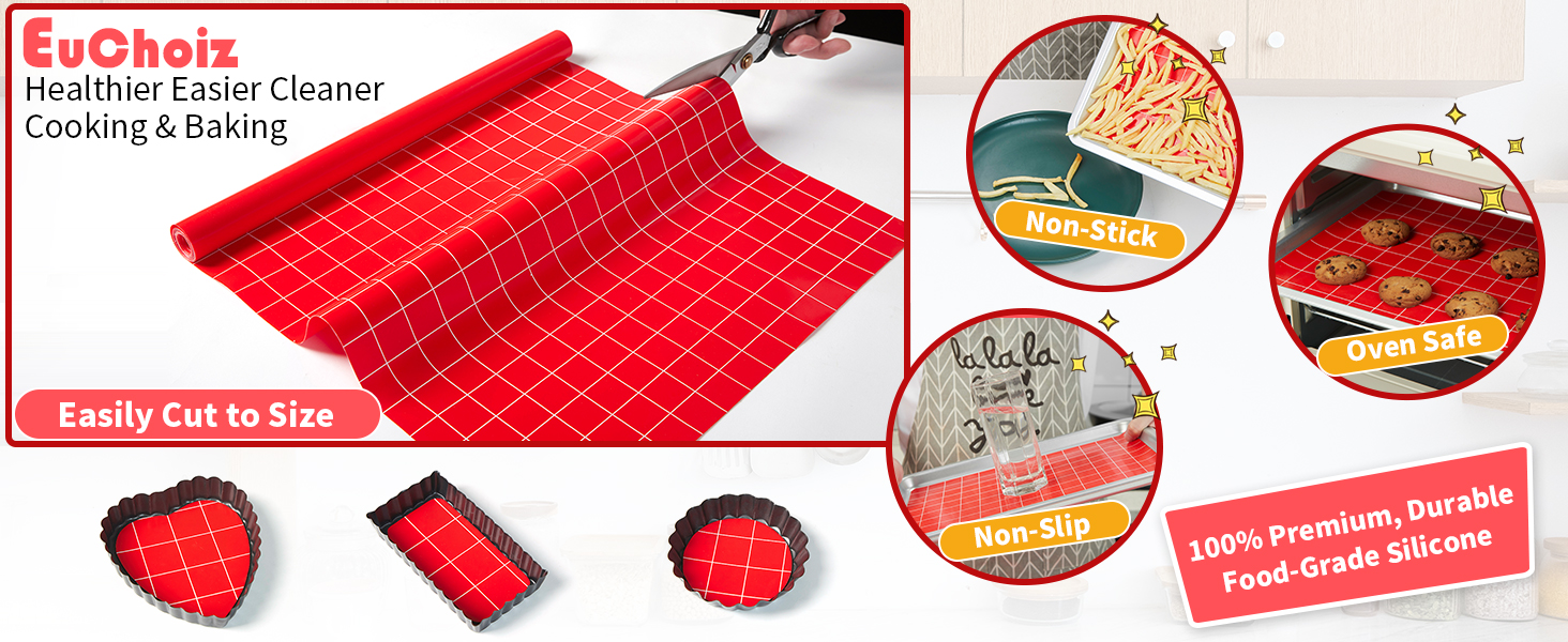 Silicone Baking Mat Roll 16IN*5FT Free Cutting, Non-Slip Pastry Mat, Non-Stick Reusable Air Fryer Liner, Oven Liners, Freeze Dryer Mat, Easily Cut to Size Fit All Ovens Pans Tins Dishes