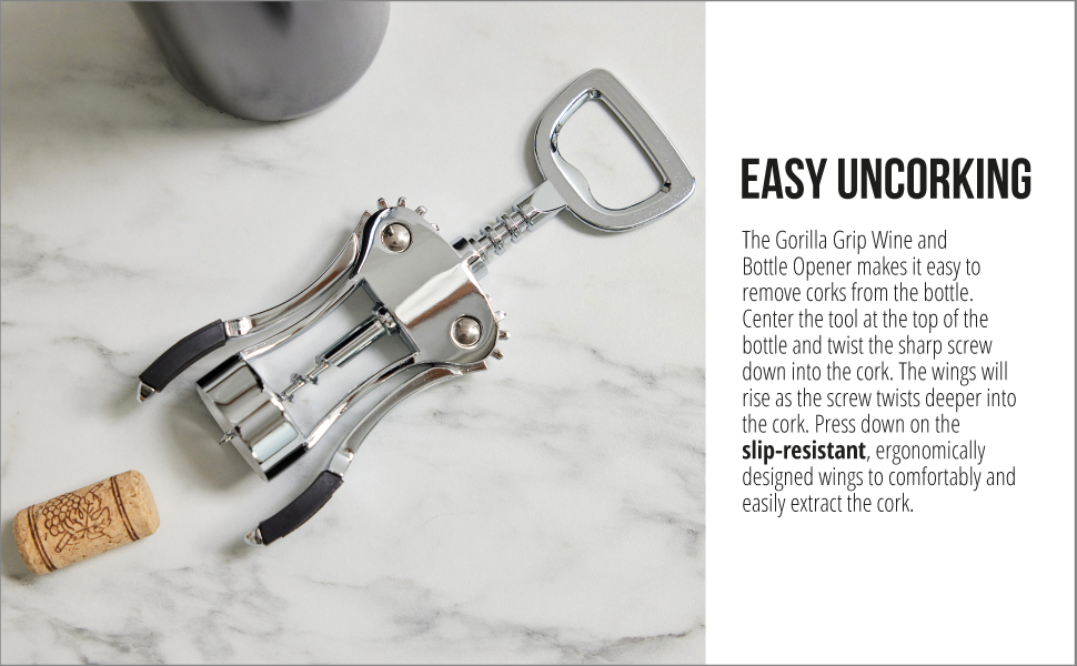 GORILLA GRIP BPA-Free Premium Wine Opener, Easy to Use Smooth Zinc Alloy Wing Corkscrew, Multifunctional Bottle Openers Remove Corks, Caps, Sharp Cork Screw, Dishwasher Safe, Bar Essentials, Black