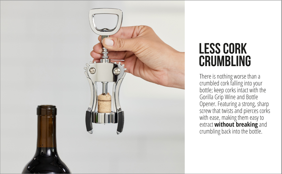GORILLA GRIP BPA-Free Premium Wine Opener, Easy to Use Smooth Zinc Alloy Wing Corkscrew, Multifunctional Bottle Openers Remove Corks, Caps, Sharp Cork Screw, Dishwasher Safe, Bar Essentials, Black