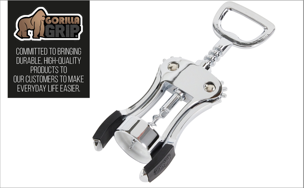 GORILLA GRIP BPA-Free Premium Wine Opener, Easy to Use Smooth Zinc Alloy Wing Corkscrew, Multifunctional Bottle Openers Remove Corks, Caps, Sharp Cork Screw, Dishwasher Safe, Bar Essentials, Black