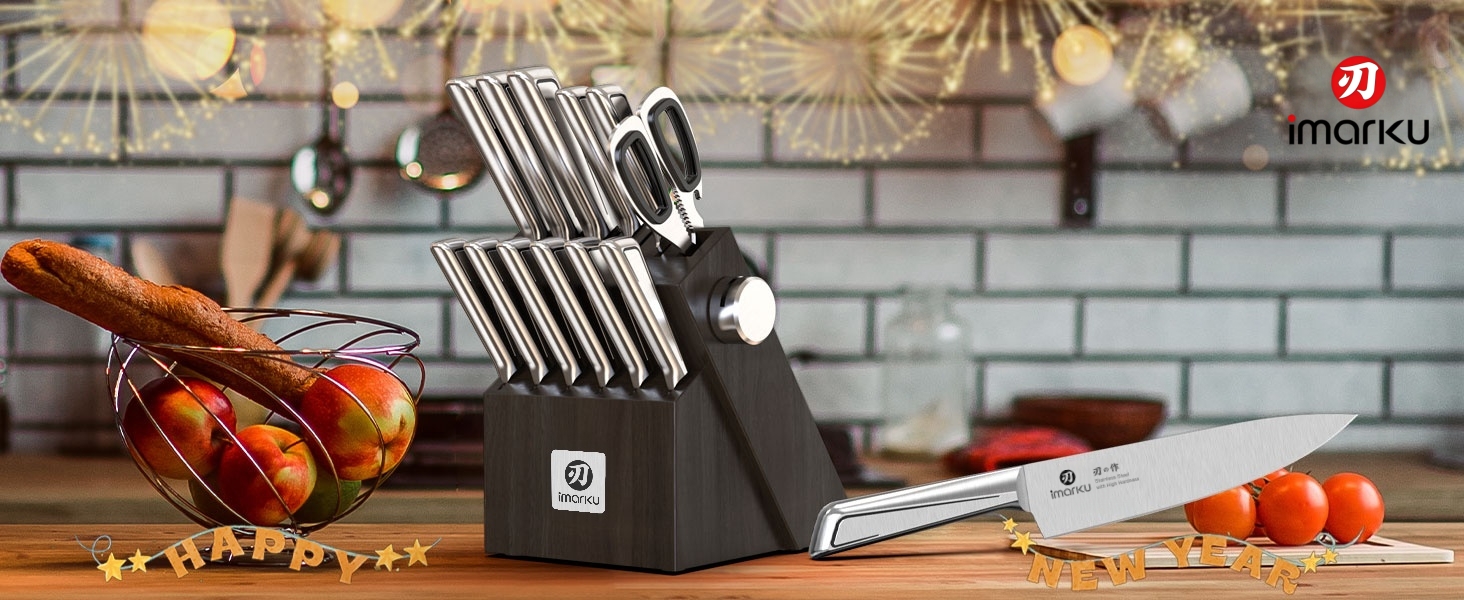Knife Sets for Kitchen with Block imarku G14 Japanese Knife Set Stainless Steel Kitchen 14pcs, Built-in Sharpener, Sharp Knives with Non-slip Ergonomic Handle - Dishwasher Safe, Home Essential Gifts