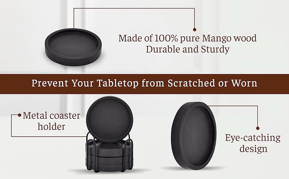 NIRMAN Wooden Coasters for Drinks Coffee Table, Round Drink Coasters with Holder for Tabletop Protection, Set of 4 (4